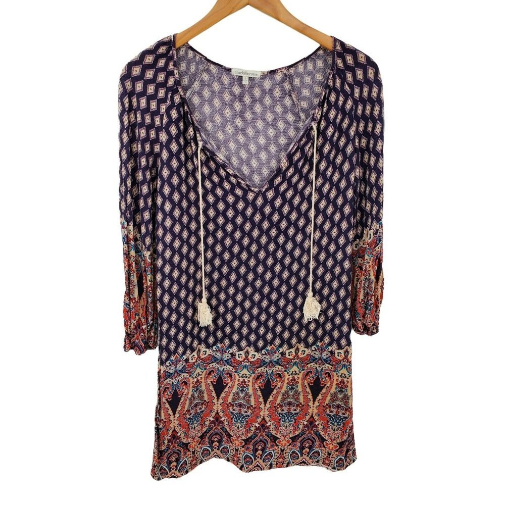 Charlotte Russe Womens Paisley 3/4 Tunic Top Juniors Sz S V-Neck Bohemian Boho